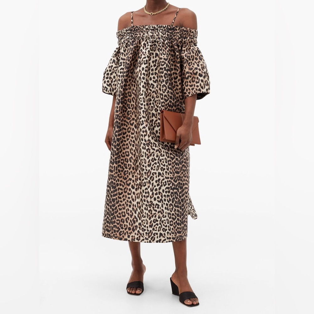 GANNI Leopard Animal Jacquard Dress Crispy Midi Tank Off Shoulder Sz Small / Med